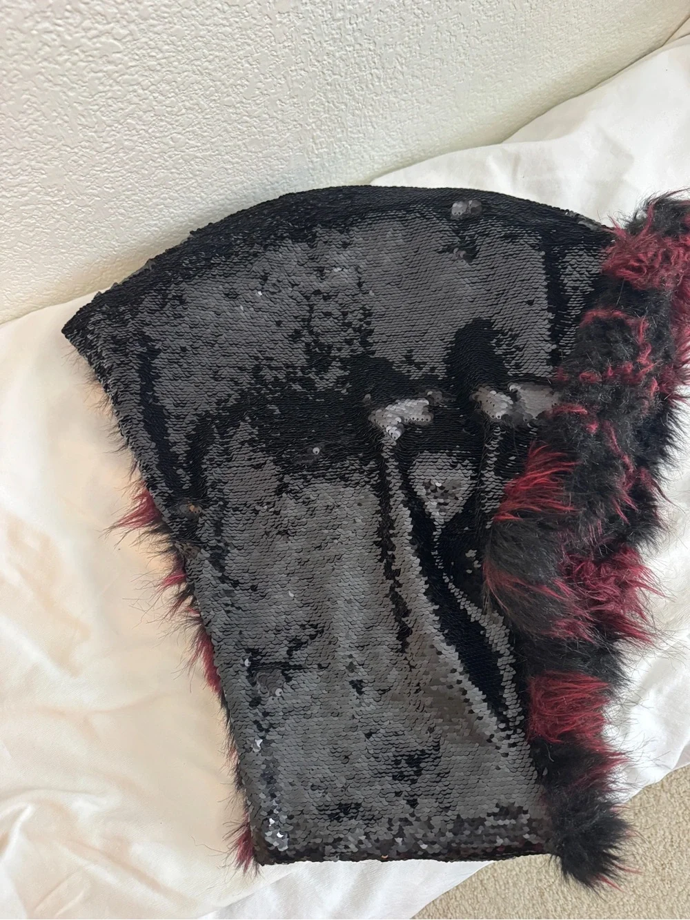 Faux Fur Reversible Hooded Scarf - Black Sequin and Burgundy